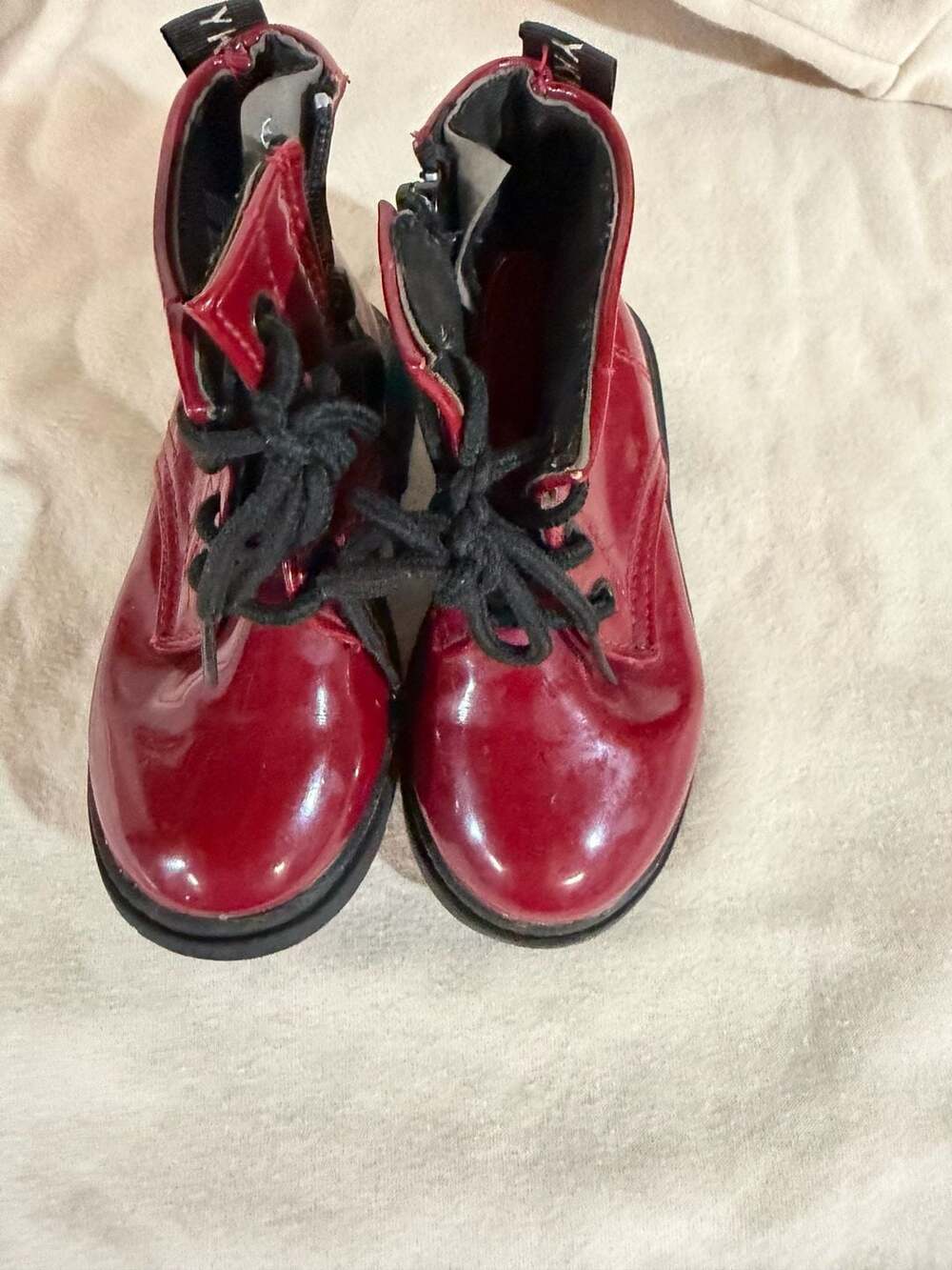 Ovekos Red Patent Leather Girls Combat Boots with Side Zipper